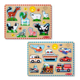 Melissa & Doug Wooden Sound Puzzle 2-Pack ?C Farm Animals, Vehicles